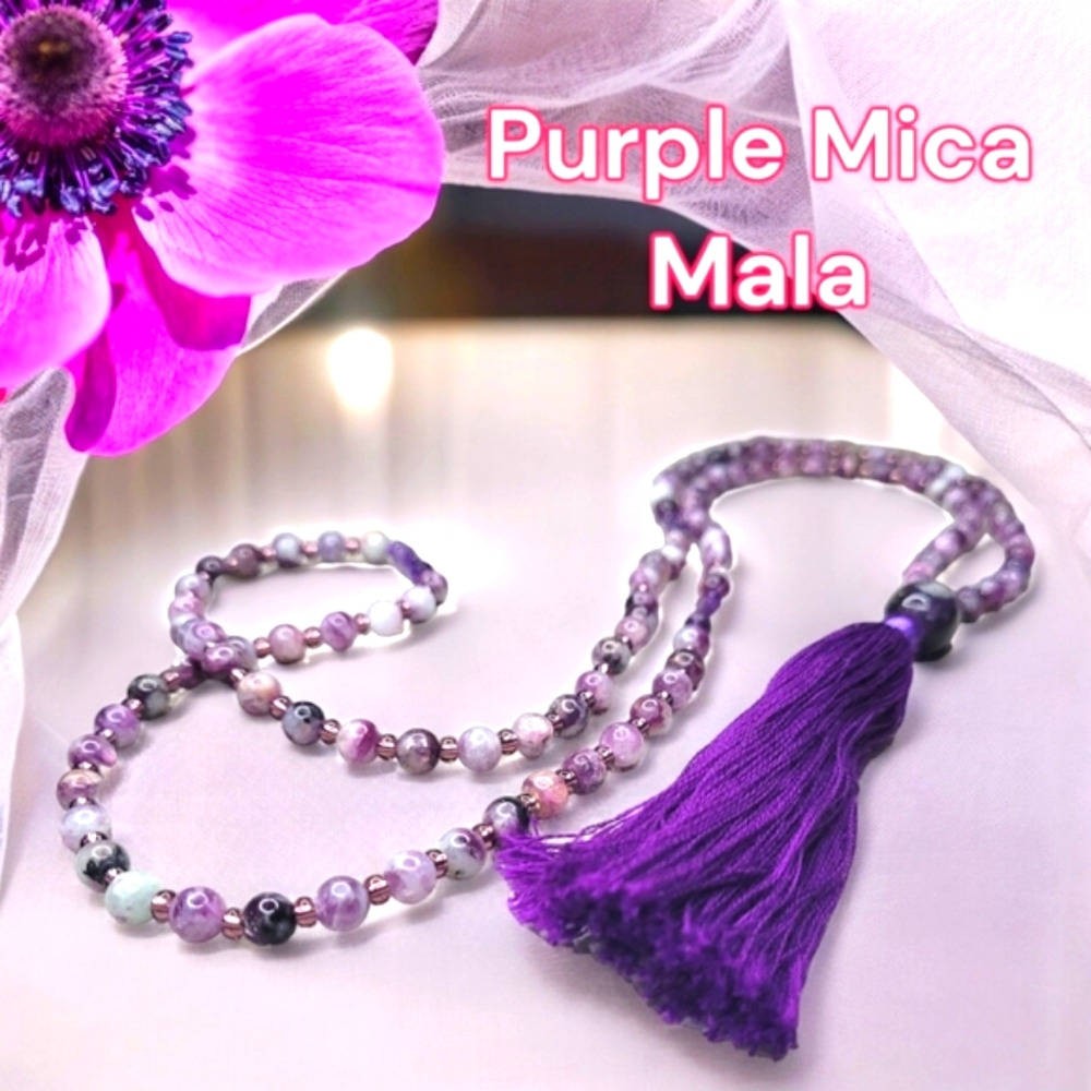 Purple Mica Gemstone 108 Bead Mala Necklace 1 of A Kind
